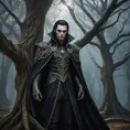 Underneath the canopy of an ancient forest at twilight, a vampire emerges from behind a gnarled tree trunk. Their intricate cloak shimmers with threads of silver and gold as they stand poised, their gaze both commanding and enigmatic against the backdrop of fading light.