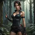 A seductive vampire Lara Croft, pale skin, dark hair, intense gaze, holding a stake instead of a pistol, elegant gothic attire, mysterious forest background