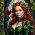 Poison Ivy's face, but with sharp fangs and piercing red eyes, draped in dark, velvety vines, holding a goblet of crimson liquid