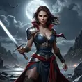 Kassandra, a powerful vampire warrior, wielding a wickedly curved sword, bathed in moonlight.  She stands amidst a battlefield strewn with fallen foes,  dynamic pose