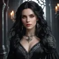 A breathtaking portrait of Yennefer from The Witcher, transformed into a vampire, with piercing red eyes, pale skin, and long, flowing black hair. She wears a dark, elegant gown, adorned with silver accents, and holds a wickedly sharp silver dagger