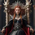 Aloy, vampire queen, sitting on a throne of bones, regal expression, crimson eyes, intricate headdress, dark flowing robes, gothic architecture