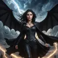 A powerful, dynamic image of vampire Yennefer soaring through a stormy night sky, her black cloak billowing behind her.  She's surrounded by bats and lightning, her eyes blazing with supernatural energy.