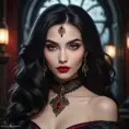 Close-up portrait of Vampire Princess Jasmine, seductive gaze, pale skin, crimson lips, sharp fangs subtly visible, intricate makeup,  flowing dark hair,  dramatic chiaroscuro lighting