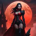 Vampire Nidalee stands silhouetted against a blood-red moon, her eyes glowing an eerie crimson as she perches atop a crumbling gothic tower, surrounded by swirling mist and ancient runes.