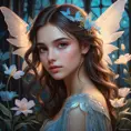 A whimsical, almost ethereal portrait of Kassandra, a young vampire with delicate features and translucent wings. She's surrounded by glowing bioluminescent flora, a dreamy atmosphere, pastel colors, art nouveau style