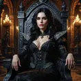 Yennefer, now a seductive vampire queen, lounging languidly on a gothic throne. Her skin is alabaster, her lips crimson, and her eyes glow with an unnatural light.  She's surrounded by shadowy figures and ornate, decaying architecture.