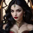 Close-up portrait of Vampire Princess Jasmine, seductive gaze, pale skin, crimson lips, sharp fangs subtly visible, intricate makeup,  flowing dark hair,  dramatic chiaroscuro lighting