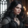 A breathtaking portrait of Yennefer from The Witcher, transformed into a vampire, with piercing red eyes, pale skin, and long, flowing black hair. She wears a dark, elegant gown, adorned with silver accents, and holds a wickedly sharp silver dagger