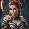 Aloy from Horizon Zero Dawn, but as a vampire, pale skin, crimson eyes, fangs, intricate tribal tattoos, holding a glowing bow