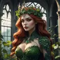 A majestic, powerful vampire Poison Ivy, standing tall amidst a decaying, gothic mansion overgrown with thorny vines.  She wears a crown of thorns and her skin shimmers with an otherworldly luminescence