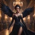 Inside an opulent, dimly lit ballroom filled with shadowy figures and flickering candlelight, Vampire Nidalee dances gracefully, her movements both alluring and menacing, a raven perched on her shoulder adding to the gothic allure.