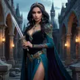 Vampire Princess Jasmine, elegant and powerful, standing amidst a gothic castle ruins at twilight, holding a jeweled dagger,  realistic