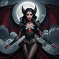 Dramatic fantasy artwork of Vampire Princess Jasmine,  transformed into a powerful bat-like creature with glowing red eyes,  surrounded by swirling shadows and moonlight,  dark and moody atmosphere