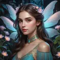 A whimsical, almost ethereal portrait of Kassandra, a young vampire with delicate features and translucent wings. She's surrounded by glowing bioluminescent flora, a dreamy atmosphere, pastel colors, art nouveau style