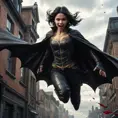 dynamic action shot of vampire Cassandra Cain leaping through the air, cape billowing, fangs bared, blood splatter, dark and gritty urban setting