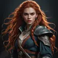 Portrait of Aloy, vampire hunter aesthetic, sharp fangs, intense gaze, long flowing red hair, tattered clothing, holding a stake, dark background