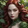 Close-up portrait of Poison Ivy transformed into a vampire.  Her face is pale and gaunt, with dark circles under her eyes.  Thick, crimson vines twist around her neck and arms.  Focus on intricate details of her skin texture and the veins in the vines.