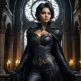 a brooding, elegant vampire Cassandra Cain, poised and deadly, in a dimly lit gothic castle, intricate details in her costume