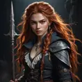 Portrait of Aloy, vampire hunter aesthetic, sharp fangs, intense gaze, long flowing red hair, tattered clothing, holding a stake, dark background