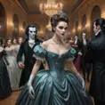 A haunting portrait on the wall captures the essence of an ageless vampire. The painting depicts them in a lavish 18th-century ballroom, swirling in an ethereal dance, surrounded by masked guests whose eyes turn to follow every graceful movement