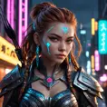 Cyberpunk vampire Aloy, neon lights reflecting in her eyes, futuristic tribal armor, glowing runes, intricate details, sharp fangs, holding a high-tech bow, dark city background