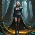 Vampire Ciri wanders through an enchanted forest, where ancient trees whisper secrets and bioluminescent flowers light the path ahead. She moves gracefully, her boots crunching on fallen leaves, while a mystical aura surrounds her, blending with the magic of the woods.