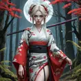 A gothic anime princess, reminiscent of San from Princess Mononoke, but with pale skin, sharp fangs, and crimson eyes, standing amidst a decaying forest, wearing a tattered kimono adorned with blood-red blossoms, holding a katana dripping with moonlight