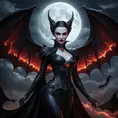 Dramatic fantasy artwork of Vampire Morgana,  transformed into a powerful bat-like creature with glowing red eyes,  surrounded by swirling shadows and moonlight,  dark and moody atmosphere