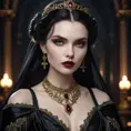 a stunning portrait of Morgana as a seductive vampire, pale skin, dark hair, crimson lips, piercing gaze, elegant gothic dress, ornate jewelry, dramatic lighting