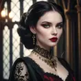 a stunning portrait of Morgana as a seductive vampire, pale skin, dark hair, crimson lips, piercing gaze, elegant gothic dress, ornate jewelry, dramatic lighting