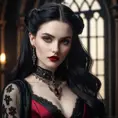 a stunning portrait of Morgana as a seductive vampire, pale skin, dark hair, crimson lips, piercing gaze, elegant gothic dress, ornate jewelry, dramatic lighting