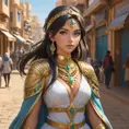 Wallpaper of a beautiful anime adventurer girl wearing gold jewelry in the streets of a city in the Western Sahara
