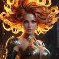 "legendary fire goddess", huge flaming hair, smoke, embers, sparks, head and shoulders portrait, finely drawn eyes, detailed Splash art