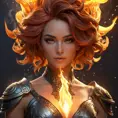 "legendary fire goddess", huge flaming hair, smoke, embers, sparks, head and shoulders portrait, finely drawn eyes, detailed Splash art