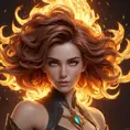 "legendary fire goddess", huge flaming hair, smoke, embers, sparks, head and shoulders portrait, finely drawn eyes, detailed Splash art