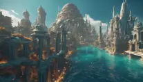 Matte portrait of a thriving undewater city of Atlantis, Highly Detailed, Beautiful, Stunning, Realistic, Octane Render, Unreal Engine, Volumetric Lighting, Vibrant Colors