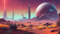 Beautiful alien landscape of No Mans Sky, Highly Detailed, Intricate, Artstation, Beautiful, Digital Painting, Sharp Focus, Concept Art, Elegant