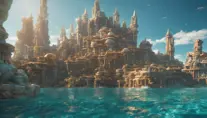 Matte portrait of a thriving undewater city of Atlantis, Highly Detailed, Beautiful, Stunning, Realistic, Octane Render, Unreal Engine, Volumetric Lighting, Vibrant Colors