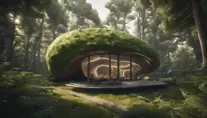 Beautiful futuristic organic house made from imaginary plants in a forest, 8k, Award-Winning, Highly Detailed, Beautiful, Epic, Octane Render, Unreal Engine, Radiant, Volumetric Lighting by Greg Rutkowski