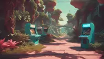 80s futuristic outdoor retro arcade, desolate, lush vegetation, Highly Detailed, Intricate, Artstation, Sharp Focus, Smooth, Octane Render, Centered, Dynamic, Elegant by Beeple, Justin Gerard, James Gilleard, Simon Stalenhag