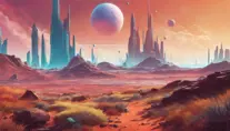 Beautiful alien landscape of No Mans Sky, Highly Detailed, Intricate, Artstation, Beautiful, Digital Painting, Sharp Focus, Concept Art, Elegant