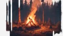 A highly detailed matte painting of a camp fire in the forest at night in the style of Firewatch, 4k resolution, Masterpiece, Trending on Artstation, Volumetric Lighting by Stanley Artgerm Lau, Greg Rutkowski, Makoto Shinkai, WLOP