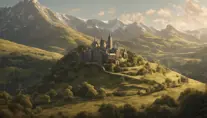 Scenic rolling hills from Lord of the Rings, 8k, Intricate Details, Ultra Detailed, Pretty Face, Symmetrical Face, Realistic, Octane Render, Unreal Engine, Concept Art by Alphonse Mucha, Greg Rutkowski