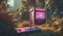 80s futuristic outdoor retro arcade, desolate, lush vegetation, Highly Detailed, Intricate, Artstation, Sharp Focus, Smooth, Octane Render, Centered, Dynamic, Elegant by Beeple, Justin Gerard, James Gilleard, Simon Stalenhag