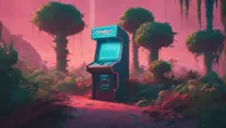 80s futuristic outdoor retro arcade, desolate, lush vegetation, Highly Detailed, Intricate, Artstation, Sharp Focus, Smooth, Octane Render, Centered, Dynamic, Elegant by Beeple, Justin Gerard, James Gilleard, Simon Stalenhag