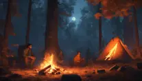 A highly detailed matte painting of a camp fire in the forest at night in the style of Firewatch, 4k resolution, Masterpiece, Trending on Artstation, Volumetric Lighting by Stanley Artgerm Lau, Greg Rutkowski, Makoto Shinkai, WLOP