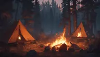 A highly detailed matte painting of a camp fire in the forest at night in the style of Firewatch, 4k resolution, Masterpiece, Trending on Artstation, Volumetric Lighting by Stanley Artgerm Lau, Greg Rutkowski, Makoto Shinkai, WLOP