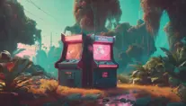 80s futuristic outdoor retro arcade, desolate, lush vegetation, Highly Detailed, Intricate, Artstation, Sharp Focus, Smooth, Octane Render, Centered, Dynamic, Elegant by Beeple, Justin Gerard, James Gilleard, Simon Stalenhag