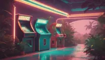 80s futuristic outdoor retro arcade, desolate, lush vegetation, Highly Detailed, Intricate, Artstation, Sharp Focus, Smooth, Octane Render, Centered, Dynamic, Elegant by Beeple, Justin Gerard, James Gilleard, Simon Stalenhag